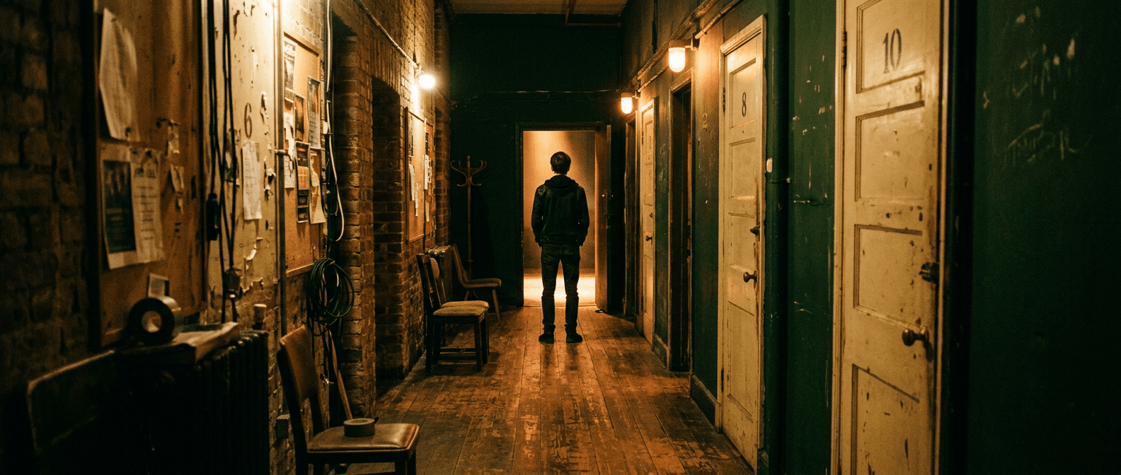 A performer stands alone backstage facing a warm amber light